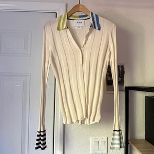 JED New York pure silk ivory striped ribbed chunky stretch polo long bell top